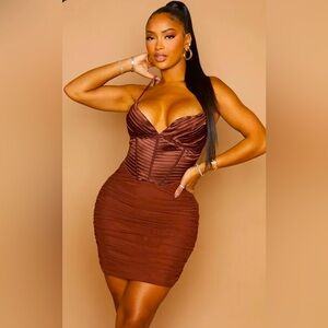 PrettyLittleThing Brown Ruched Bustier Dress